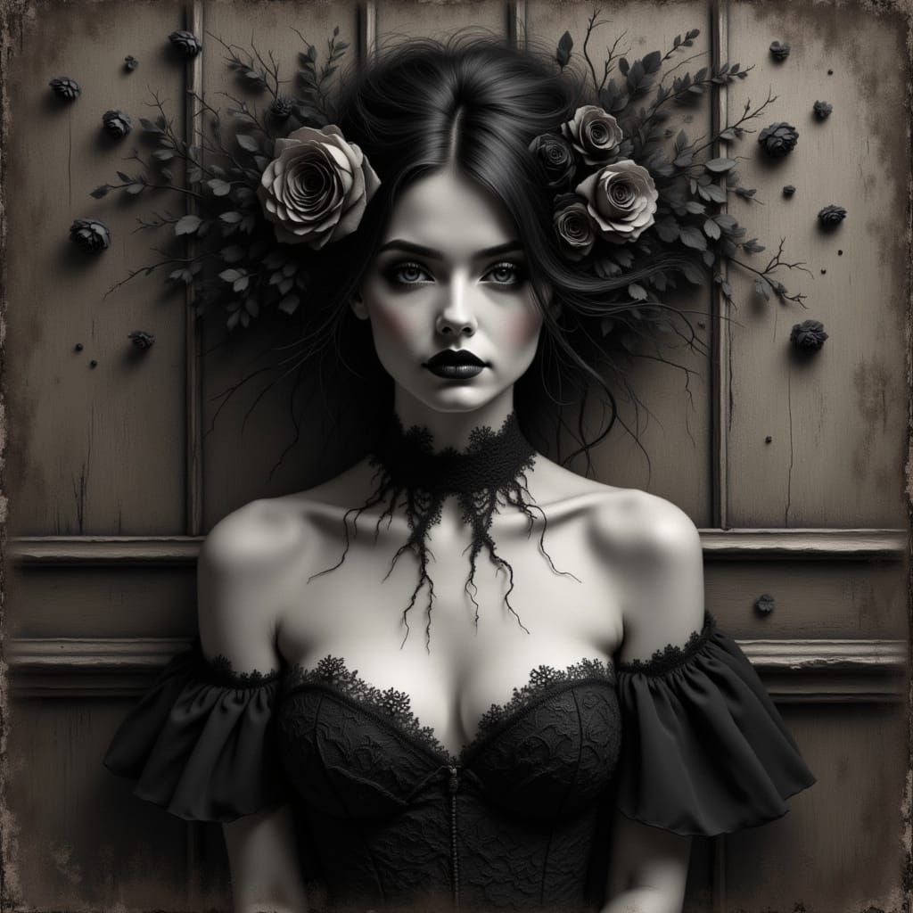 Gothic Woman with Roses in Charcoal Style