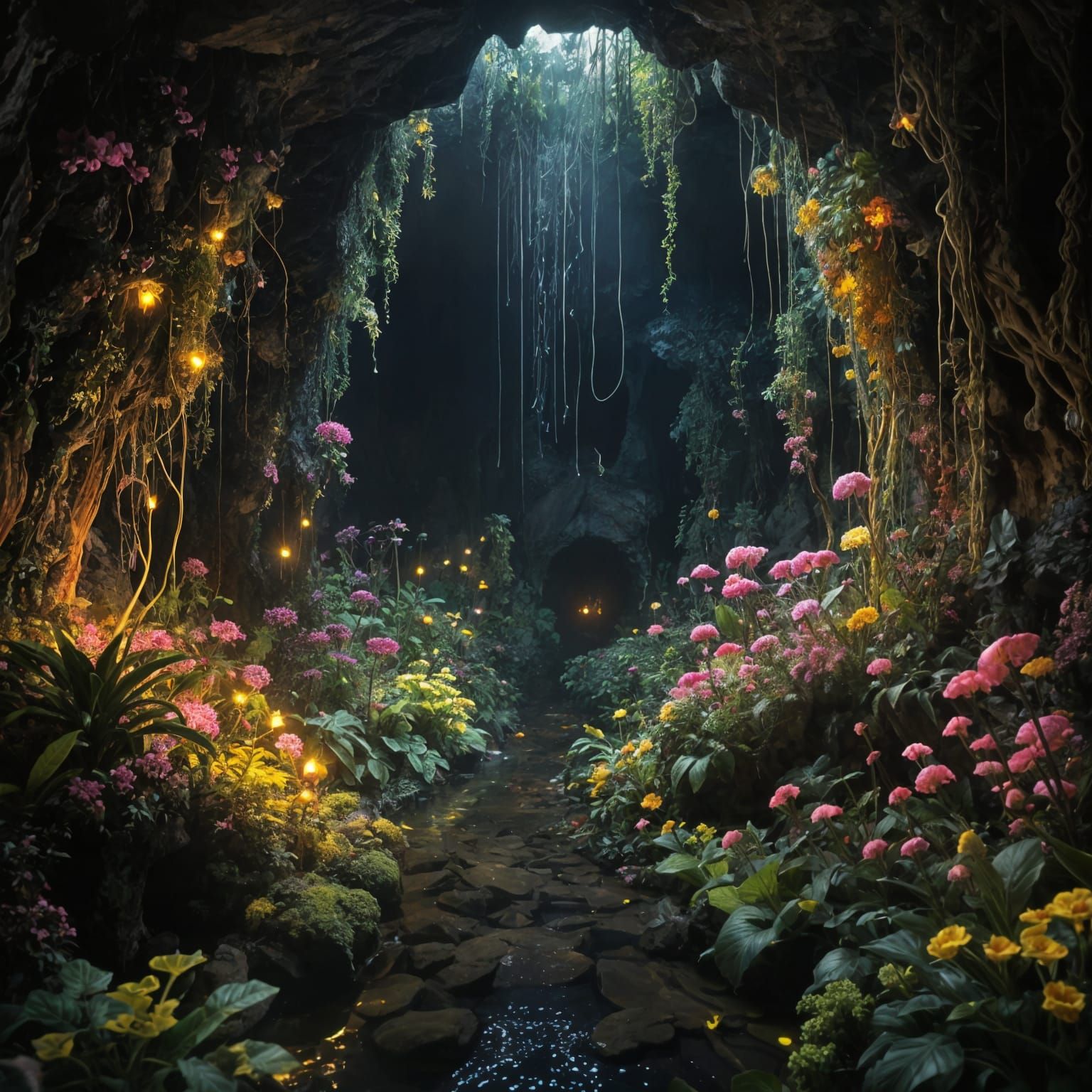 Vibrant Underground Oasis in Dark Cave Style