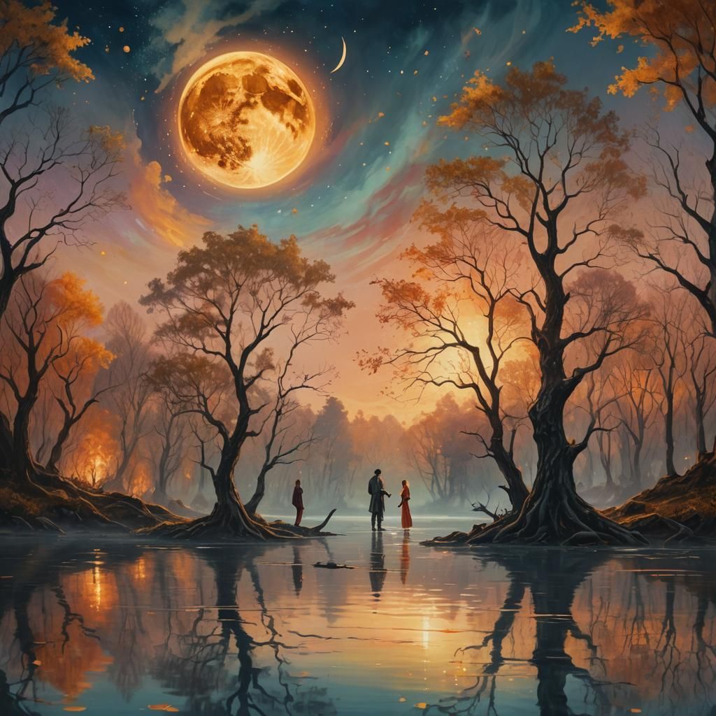 Mystical Landscape with Golden Moon, Oil Painting