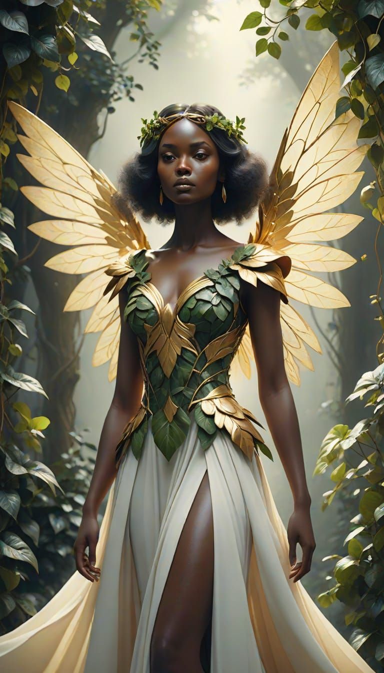 Ethereal Woman with Ivy Wings in Misty Forest