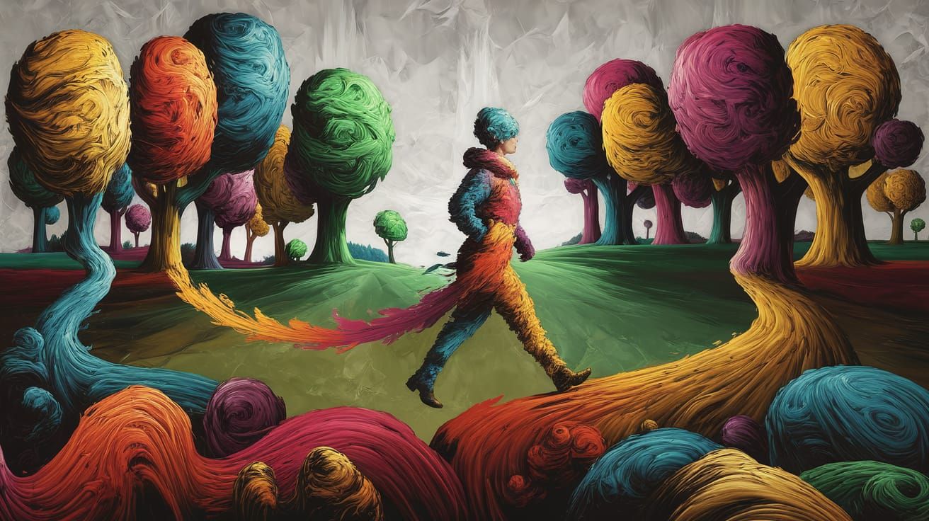 Fantasy Landscape of Swirling Paint Trees and Canvas Ground