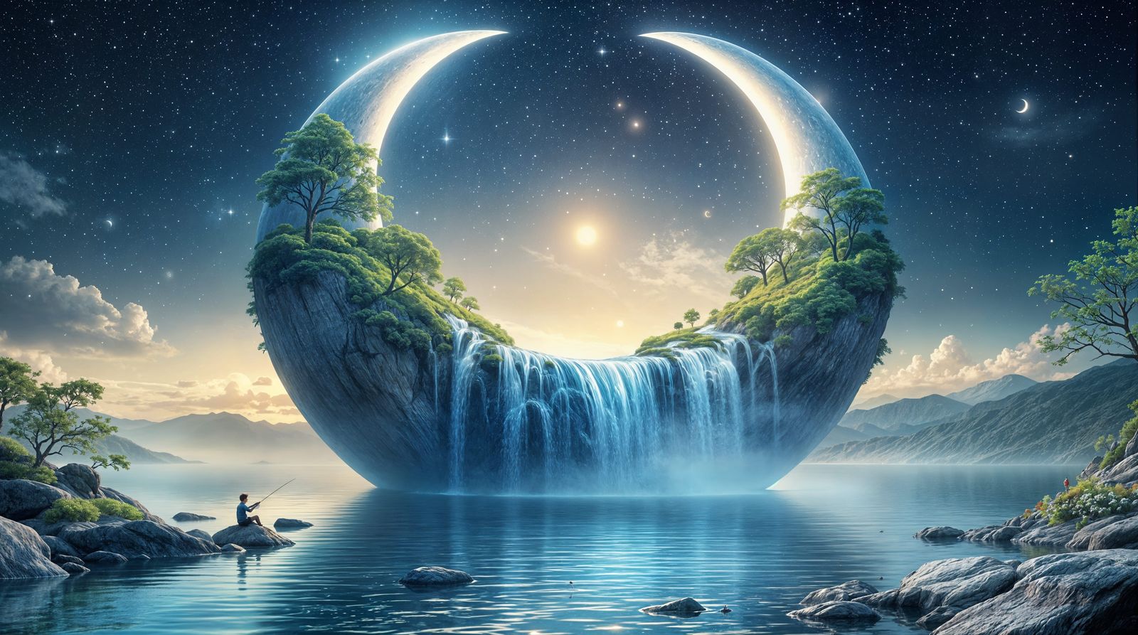 Surreal Landscape with Crescent Moon and Waterfall in HDR