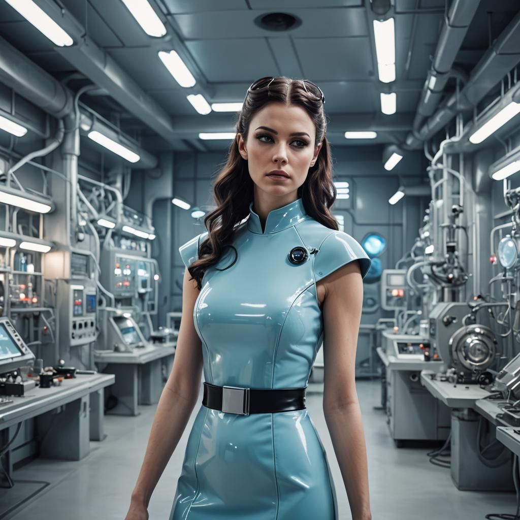 Brunette in Blue Latex Dress in Sci-Fi Lab