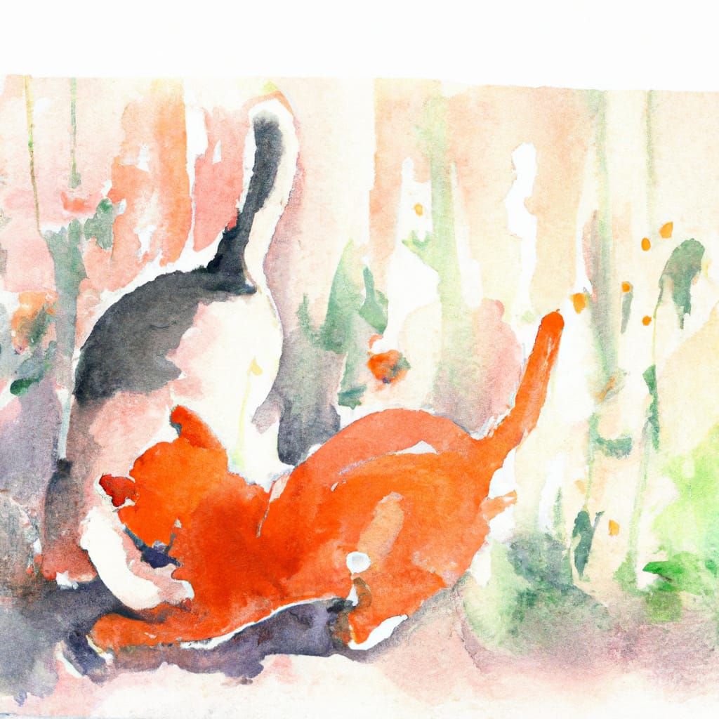 Playful Cats in Lush Garden: Watercolor Painting