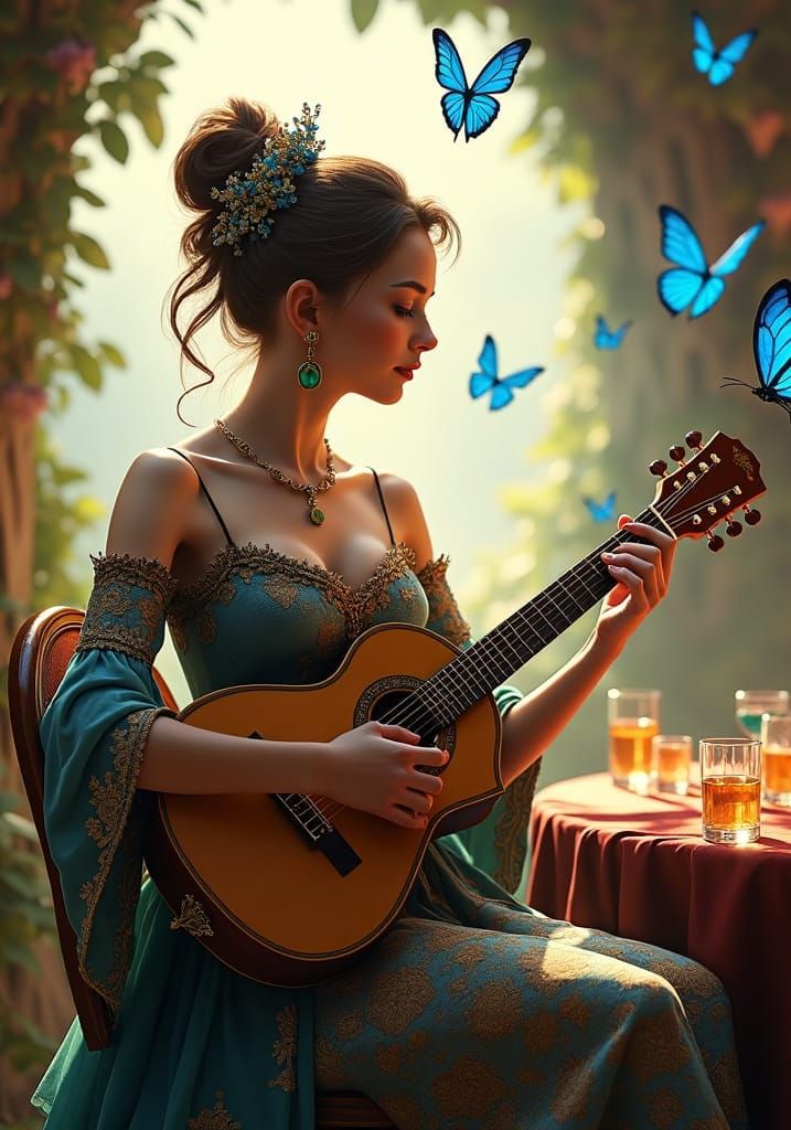 Fantasy Bard in Tavern with Magical Butterflies