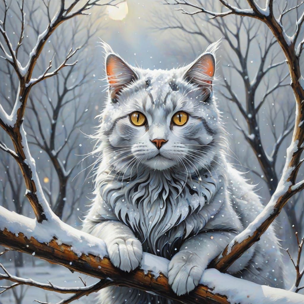 Cat in Snowy Tree, Hyperdetailed Fantasy Oil Painting