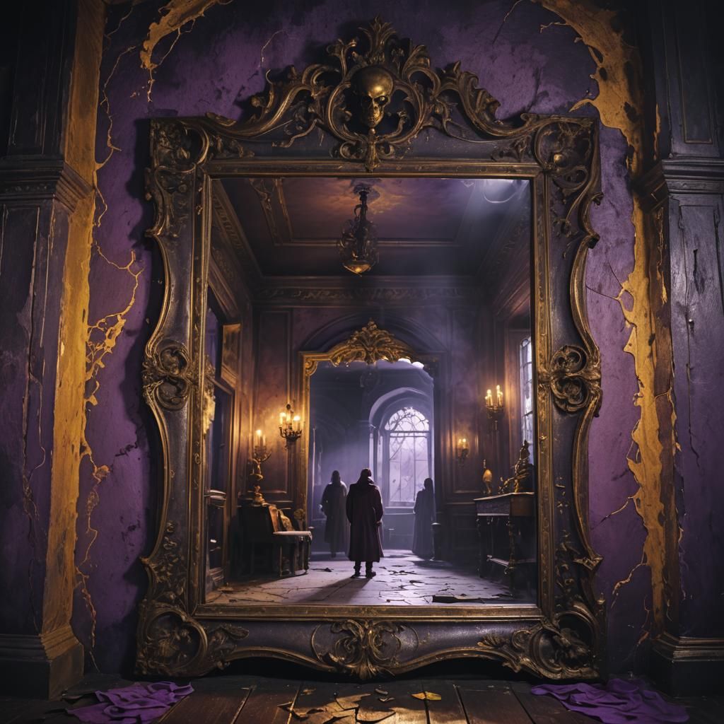 Ancient Mirror Reflects Ghostly Figures: Dark Fantasy Art