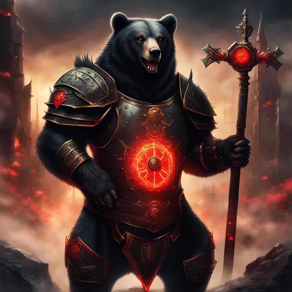 Armored Bear Warrior in a Foggy City