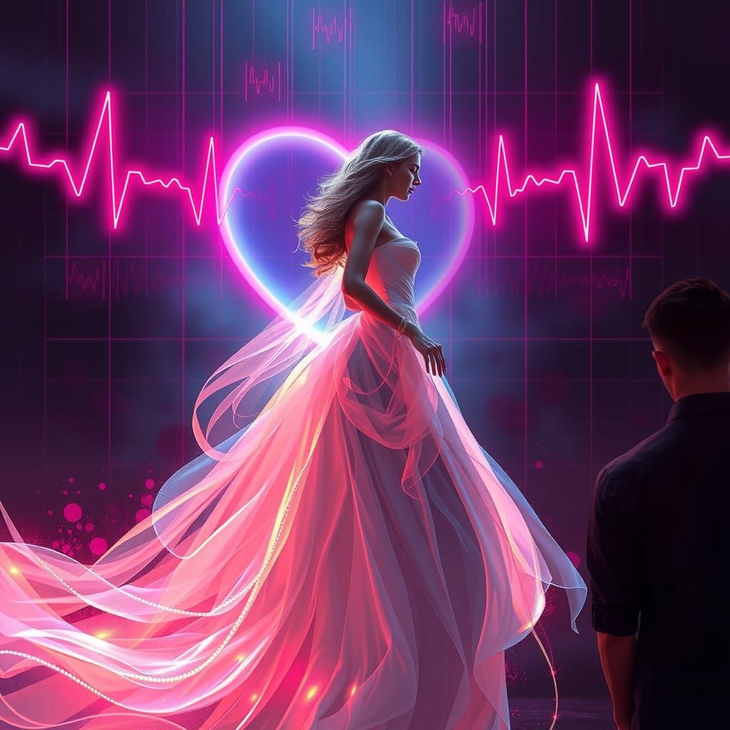 Woman in Flowing Gown with Pulsing Lights