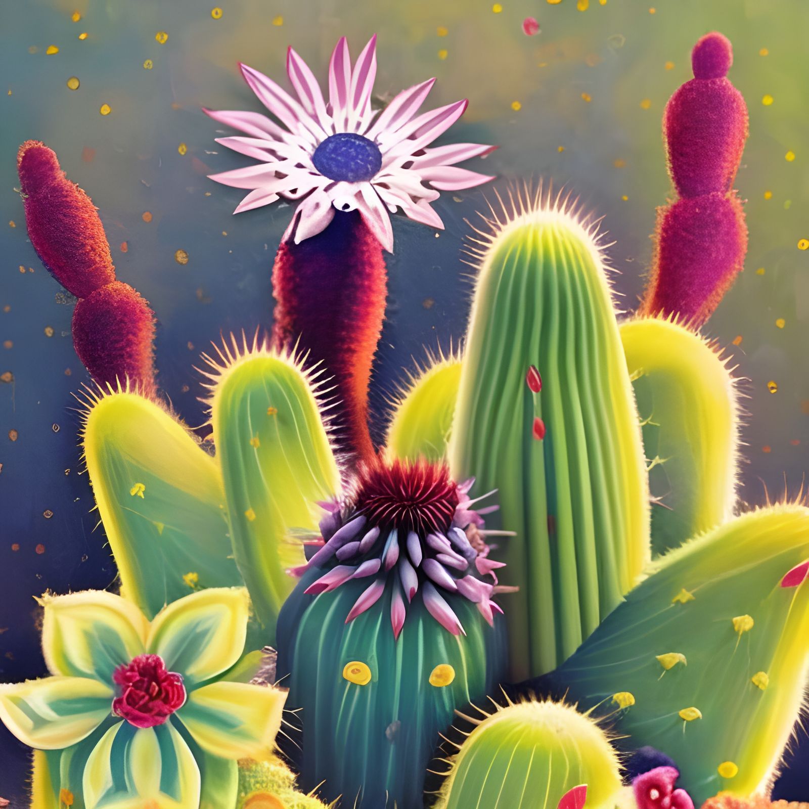 Blooming Cactus Family in Winter Wonderland