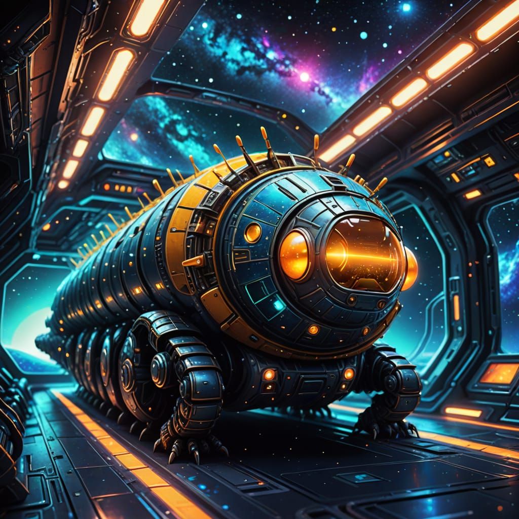 Excited Caterpillar Pilot in Futuristic Spaceship