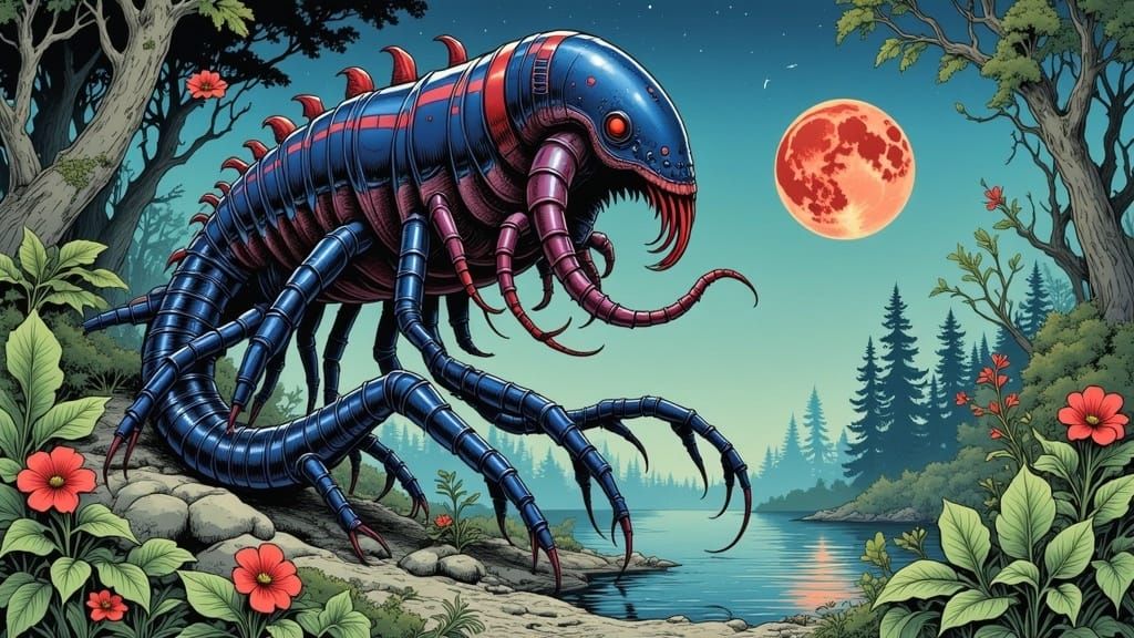 Hybrid Creature Emerges Under a Crimson Moonlit Sky