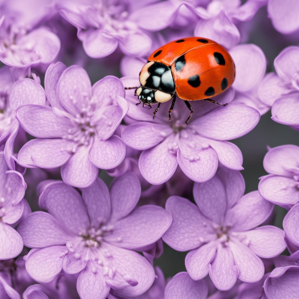hdr photo, The ladybug lands on a bright petal, merged with an image of lilac in full bloom, spring fantasy theme, studi...