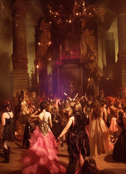 Gothic masquerade ball with people dancing