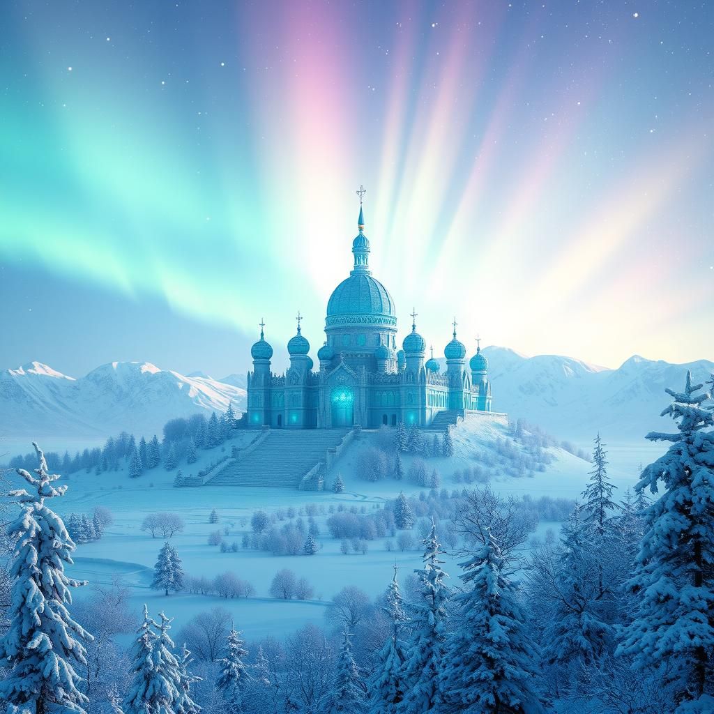 Glittering ice castle under the northern lights