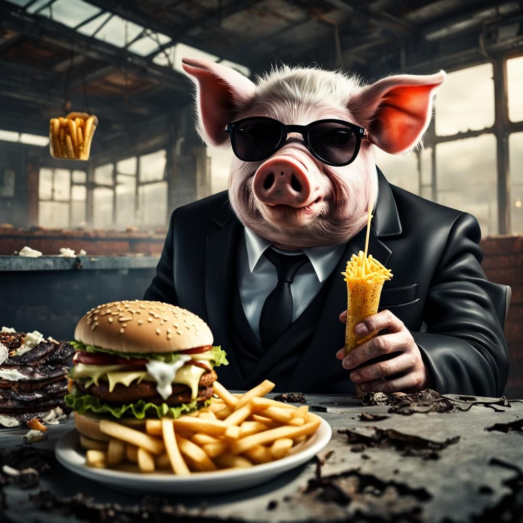 Post-Apocalyptic Pig Enjoying a Burger