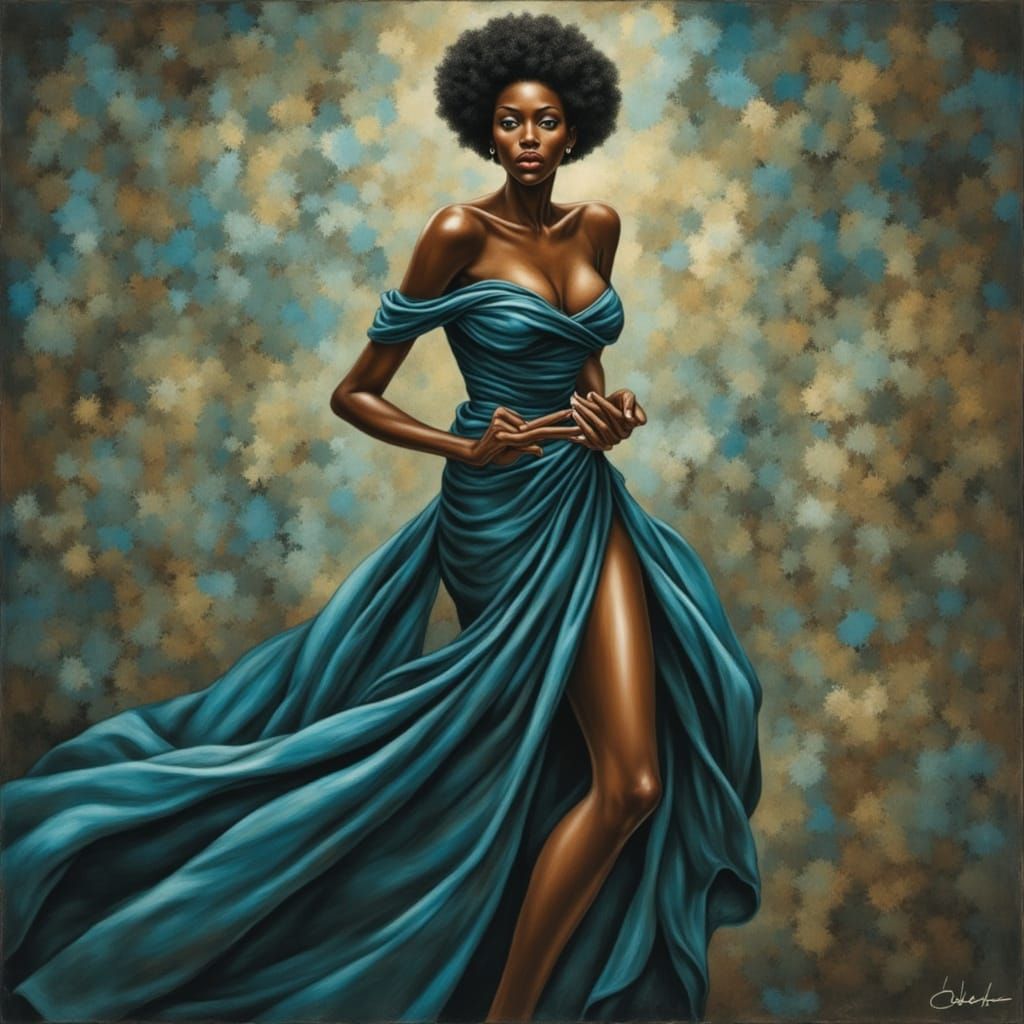 Pin-Up Woman in Blue Dress, Tonalist Oil Painting Style