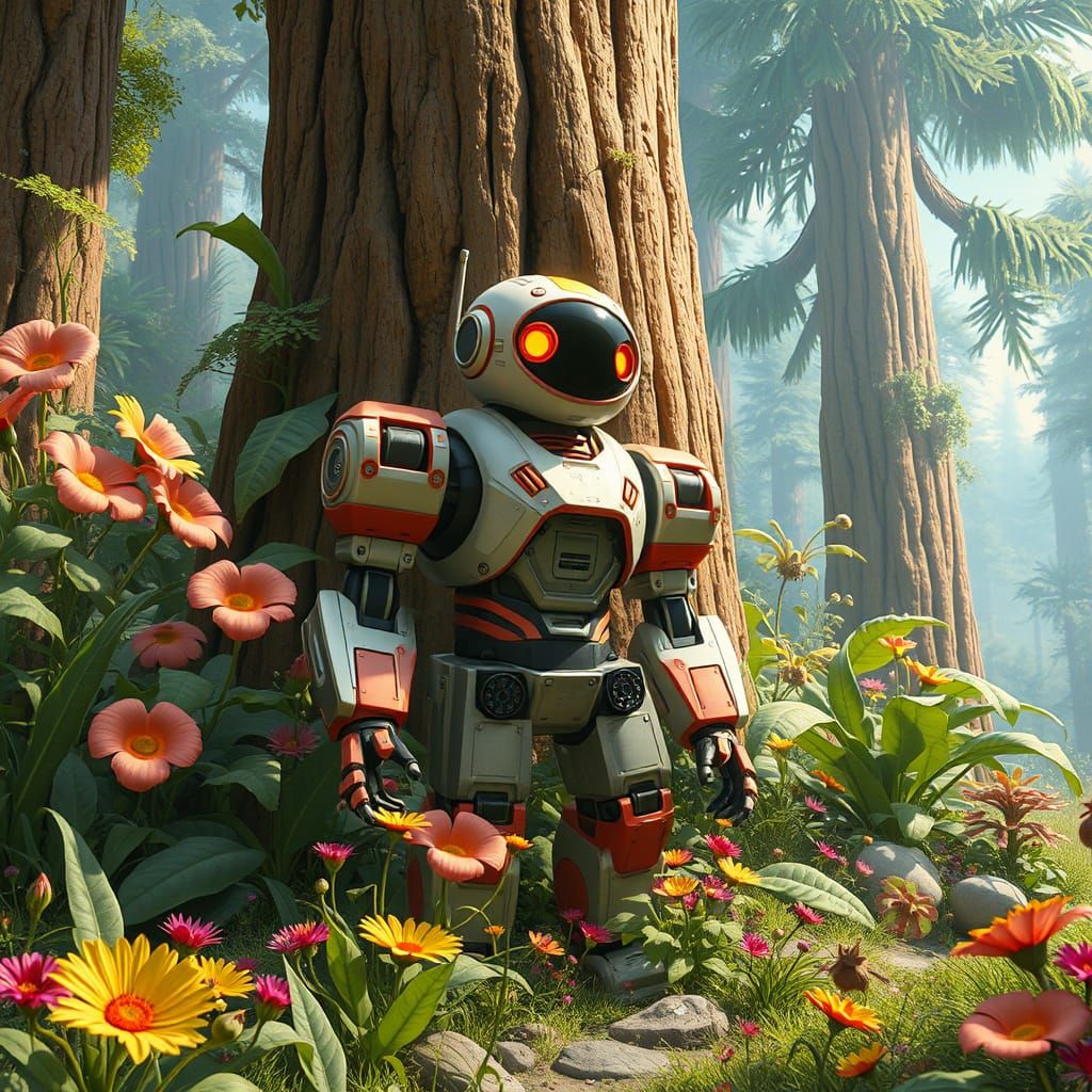 Robot in Lush Nature: Whimsical Futuristic Landscape
