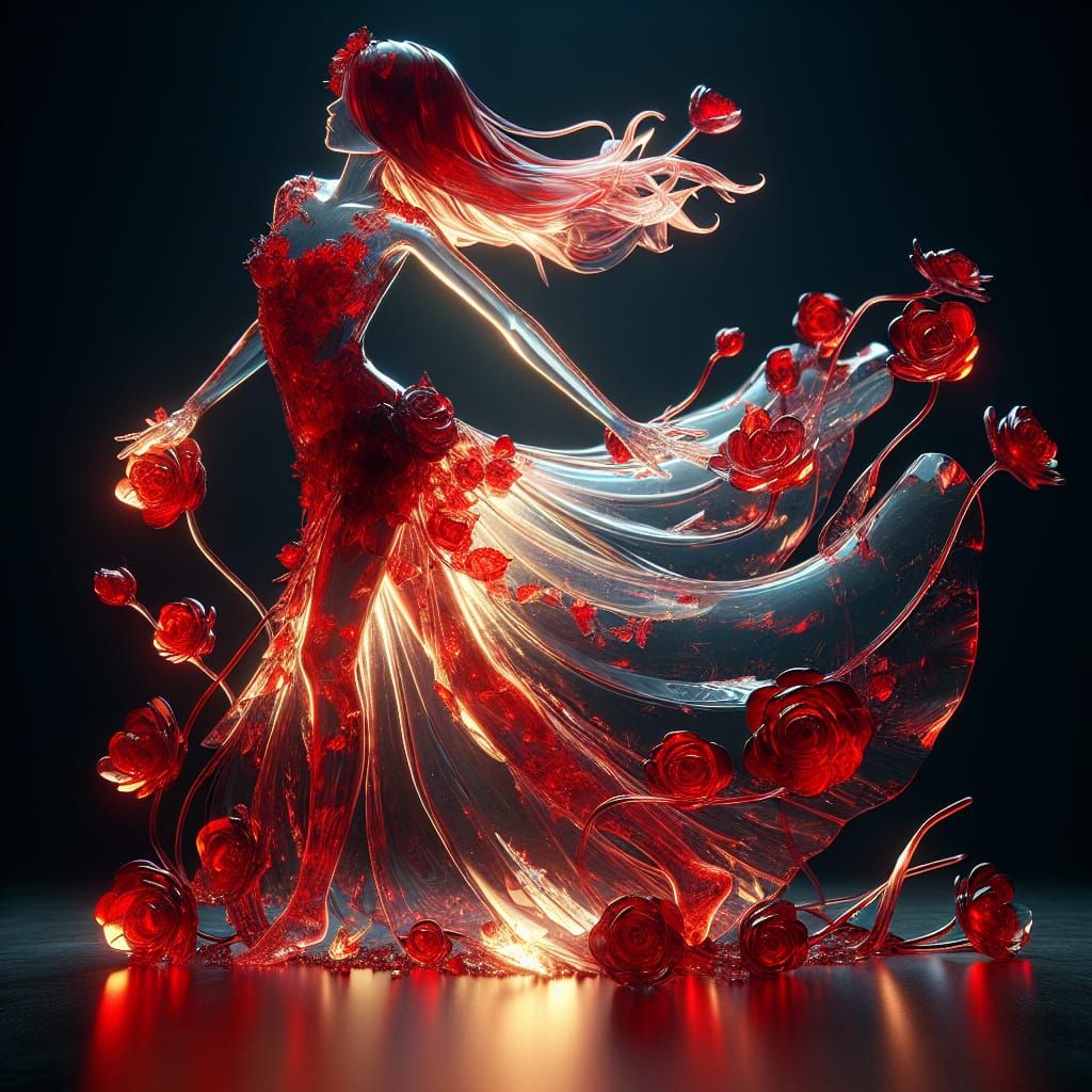 Radiant Glass Dancer with Roses in Ethereal Light
