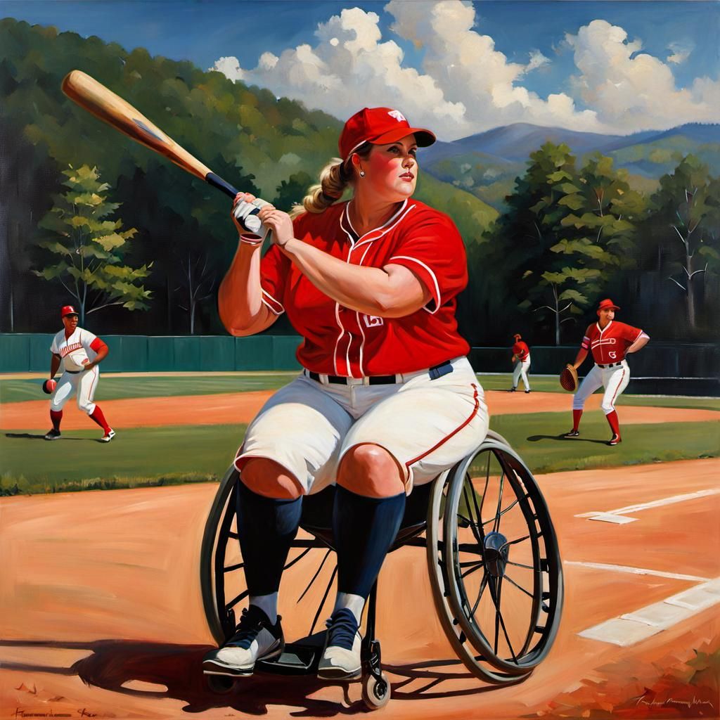 Girl Playing Wheelchair Baseball: Oil Painting