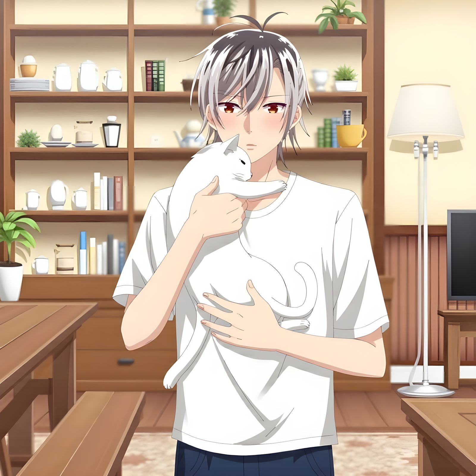 Anime Boy with Cat in Cozy Home