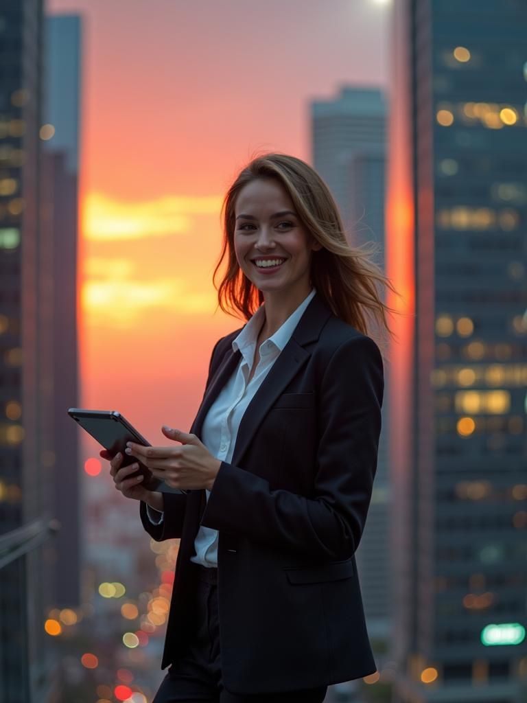 Futuristic Cityscape: Confident Woman with Tablet