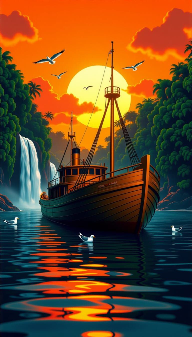 Golden Ship at Sunset: Photorealistic 3D Rendering