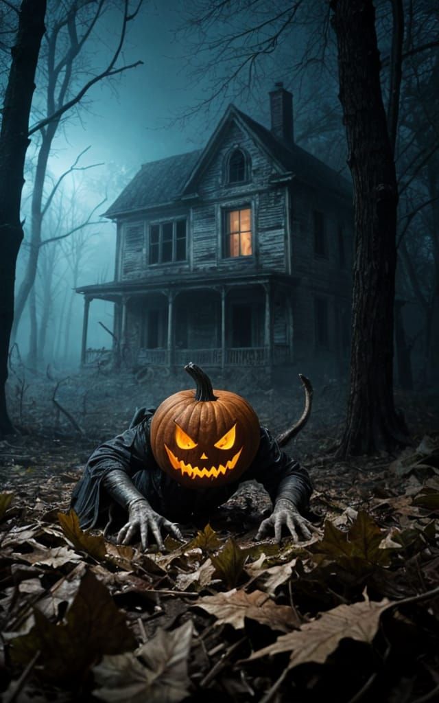 Pumpkin Demon Haunts Foggy Forest Night
