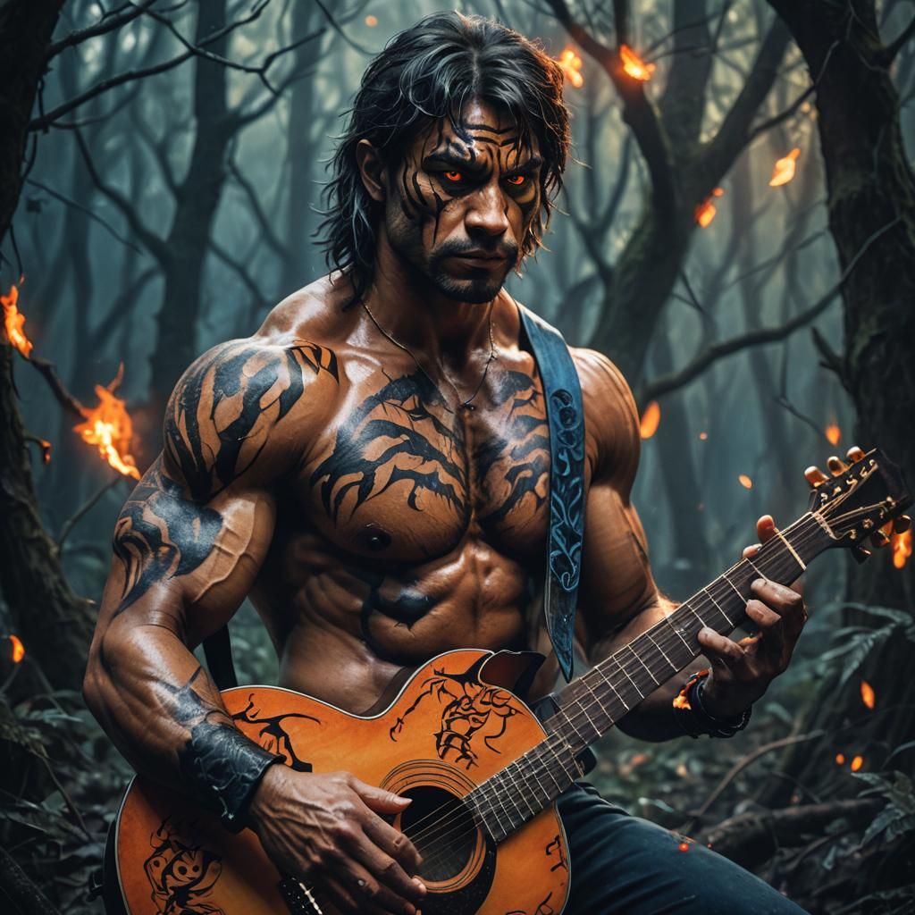 Fantasy Man-Tiger Guitarist in Mystical Forest