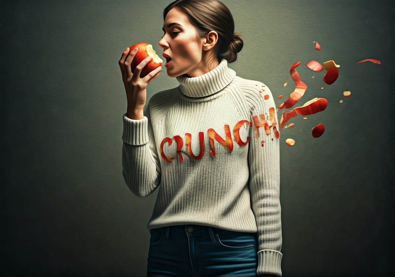 Hyperrealistic Apple Bite with Textured Onomatopoeia