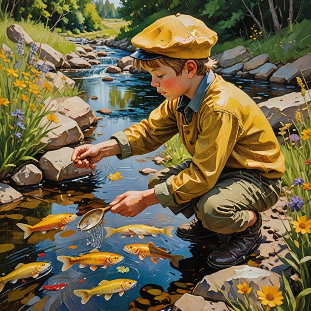 Boy Scooping Fish: Impressionist Impasto Oil Painting