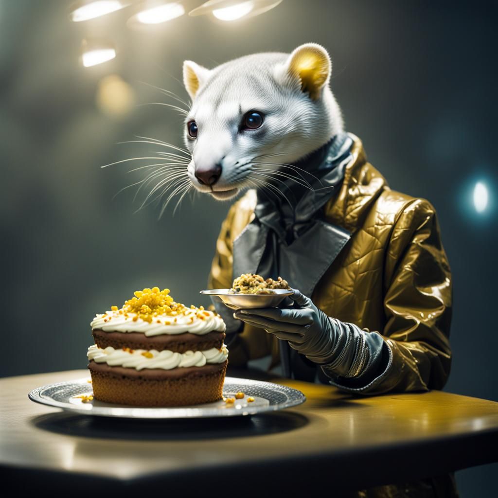 Weasel Woman Eating Cake in Dystopian Impressionism