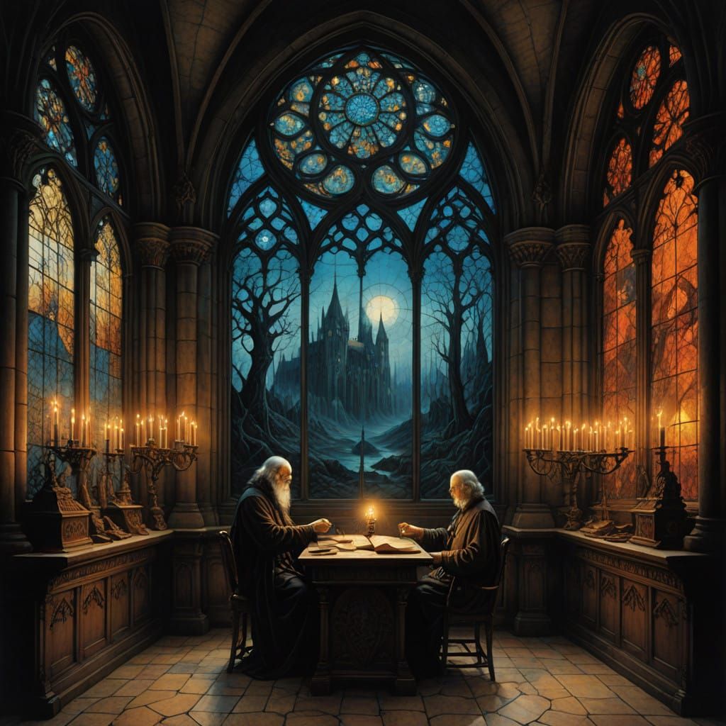 Elderly Scholars Gather in Enchanted Gothic Library
