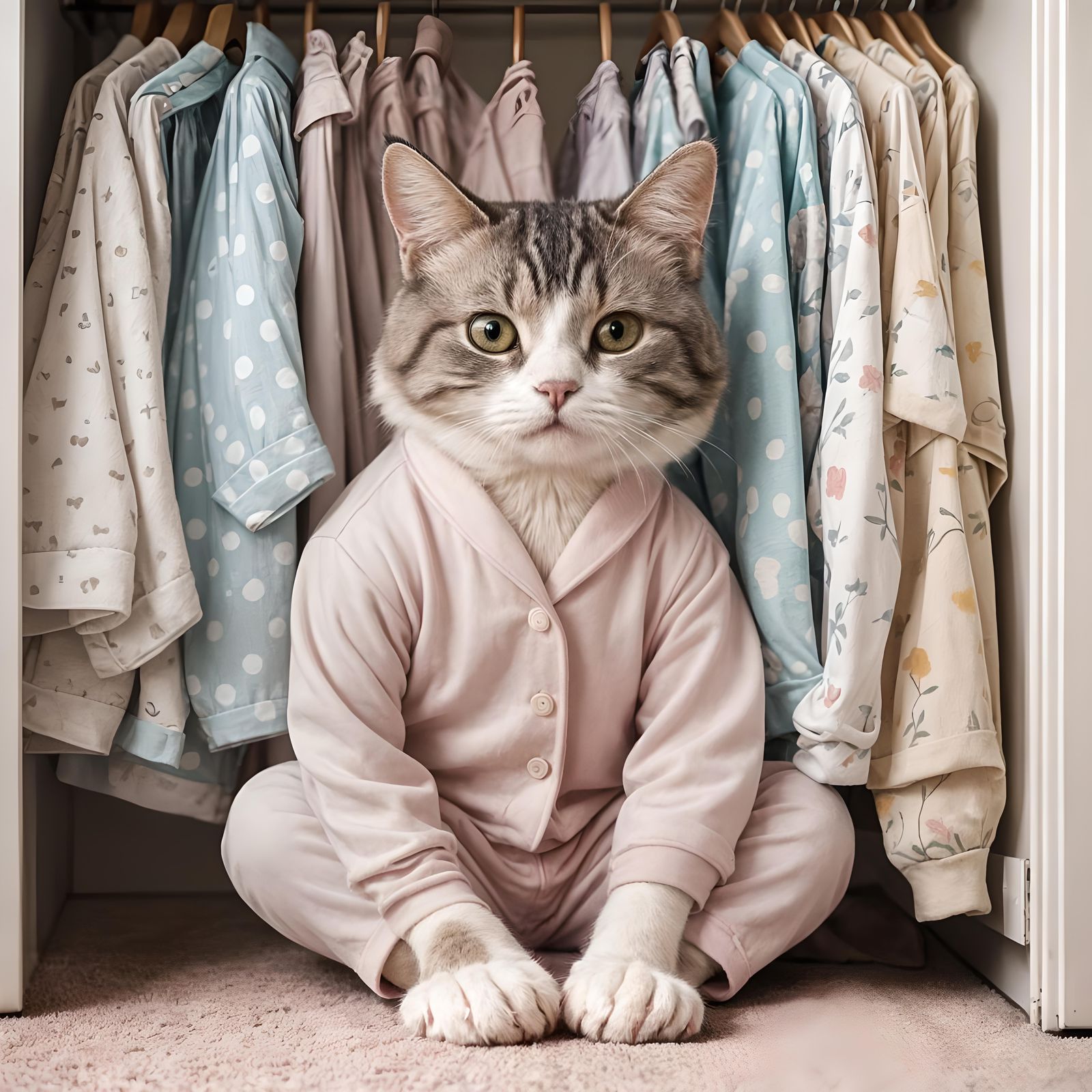 Adorable Cat in Pajama-Filled Closet