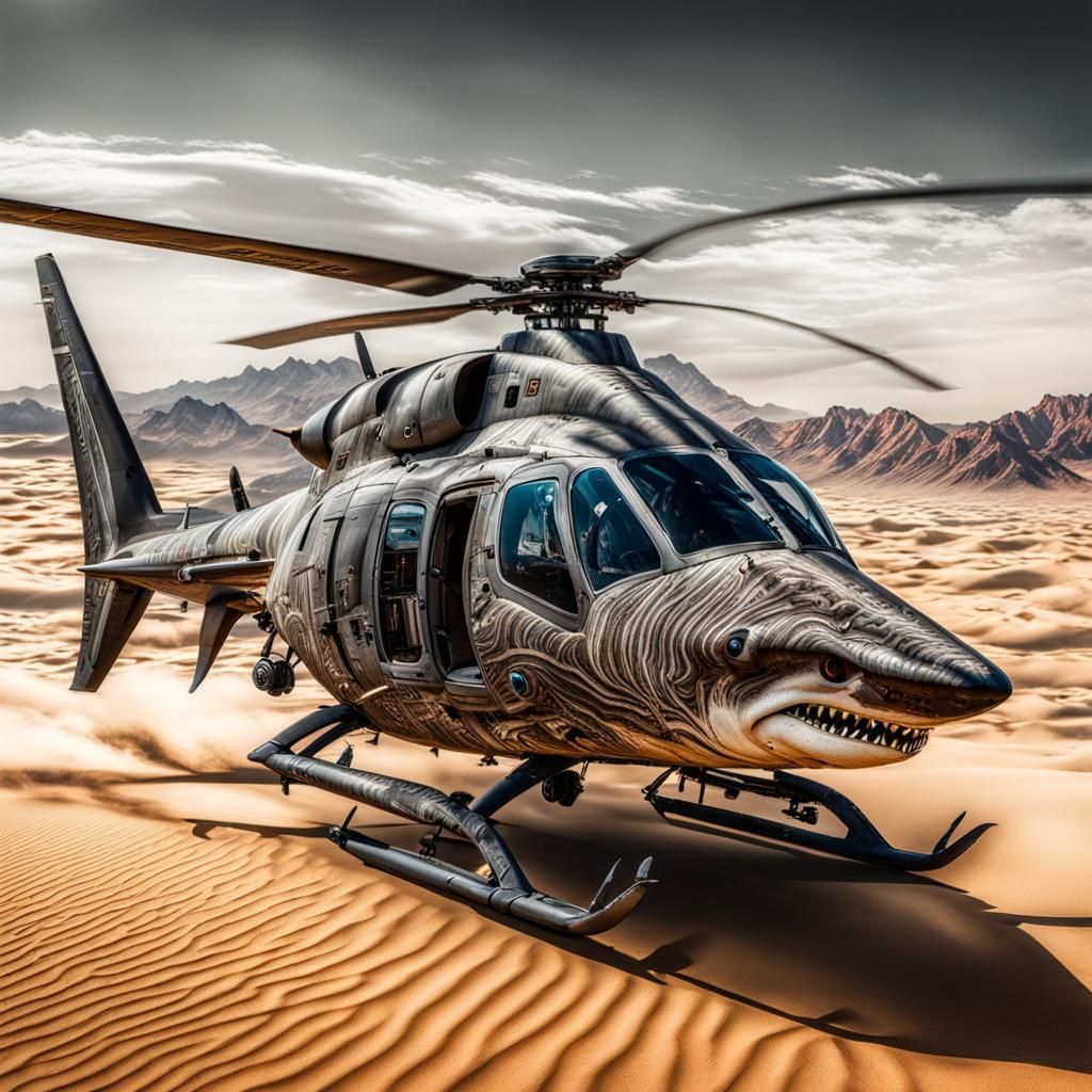 Helicopter Shark Hybrid Soaring Over Desert, Hyperrealistic