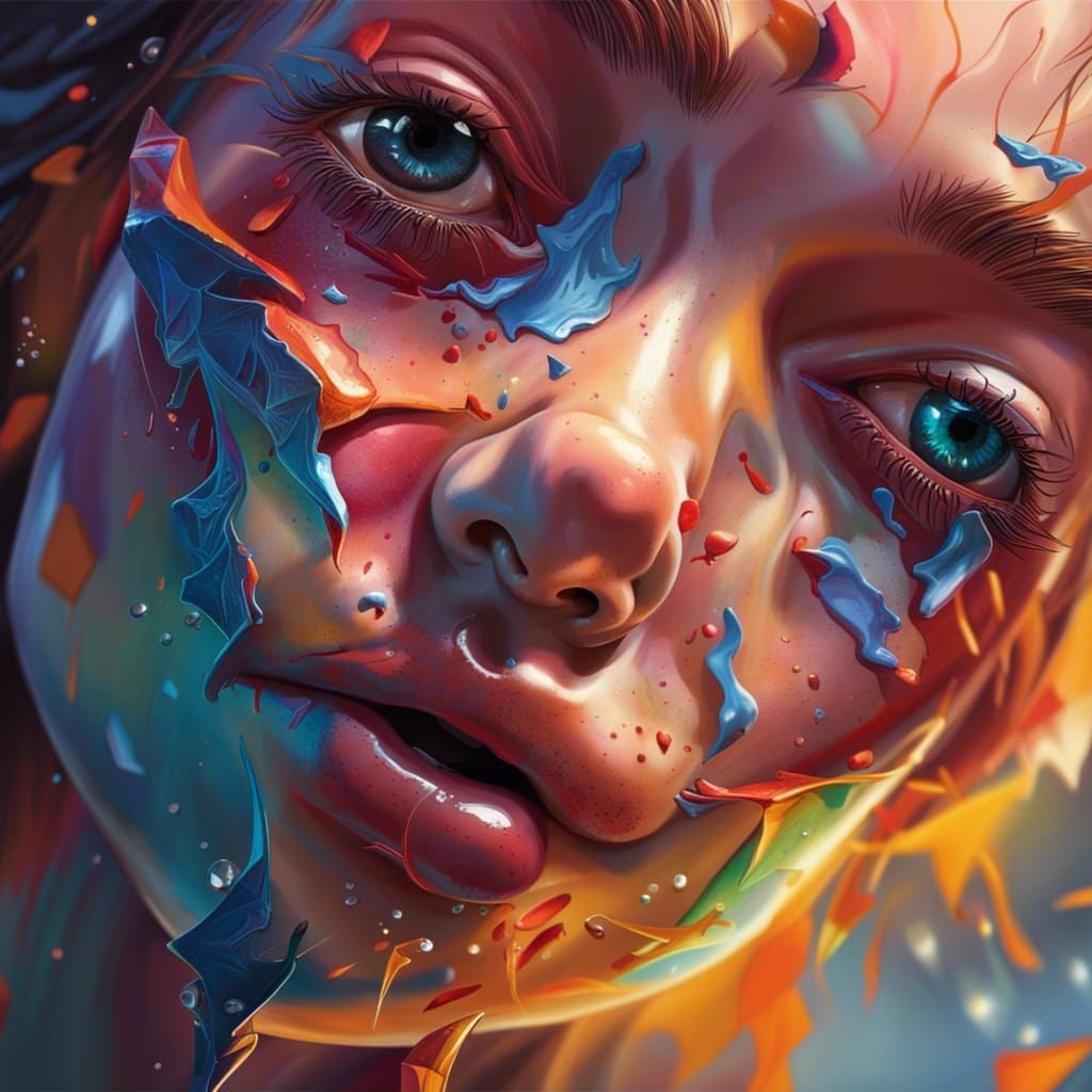 Broken Face: Hyperrealistic Splash Art Portrait