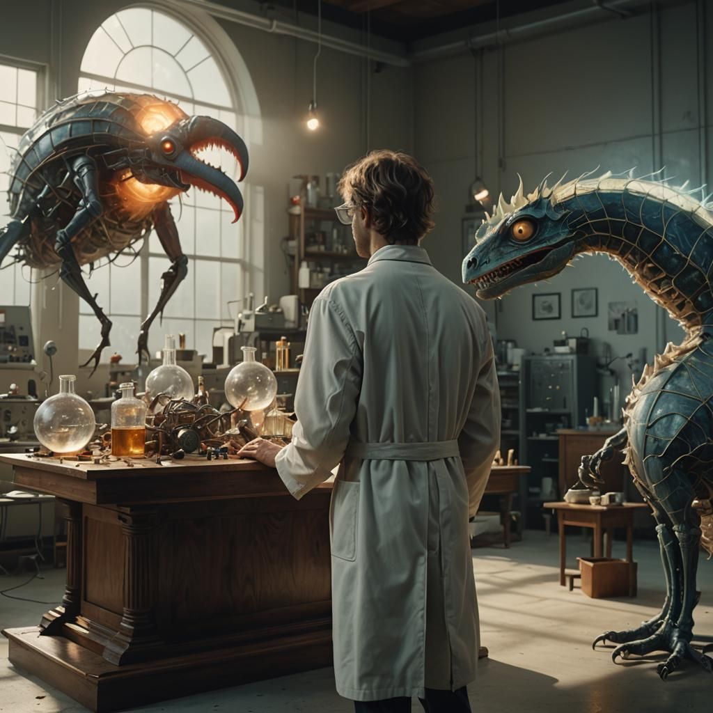 Surreal Laboratory with Glowing Creatures in Photorealism