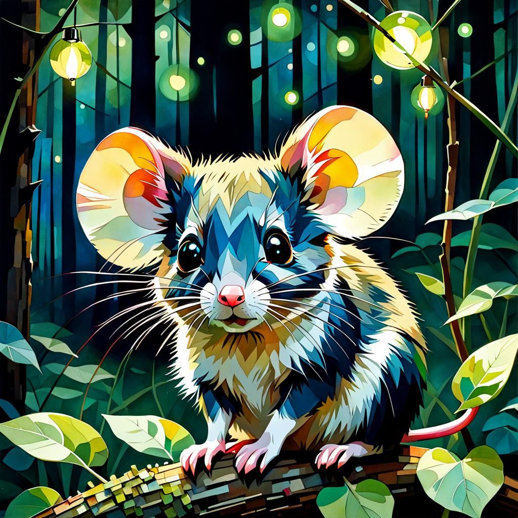 Adorable Mouse in Forest, Cell Shading Cubism