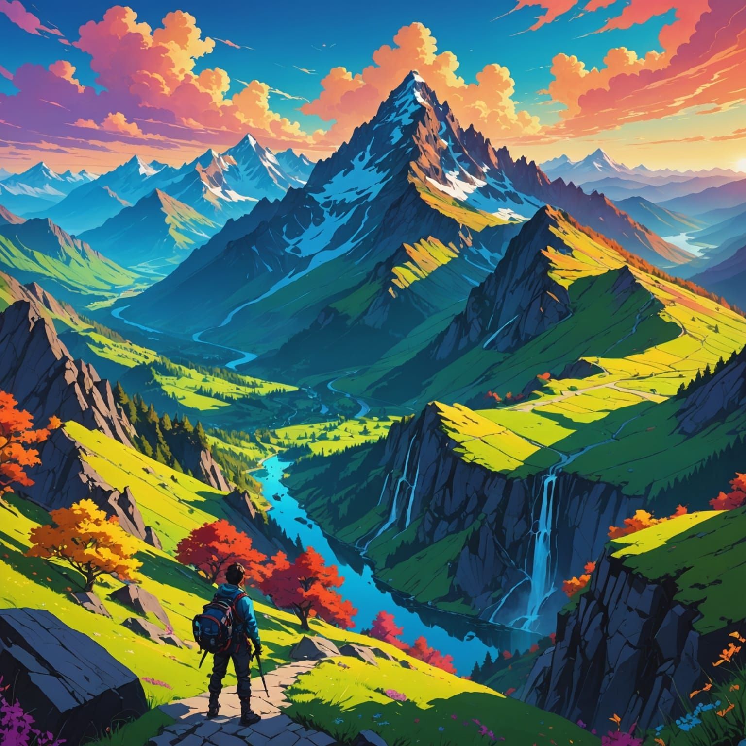 Vibrant Mountainscape in Anime Style