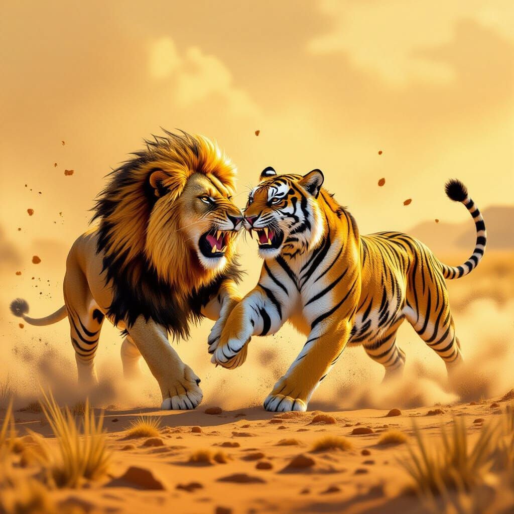 Lion and Tiger Clash in Golden Light