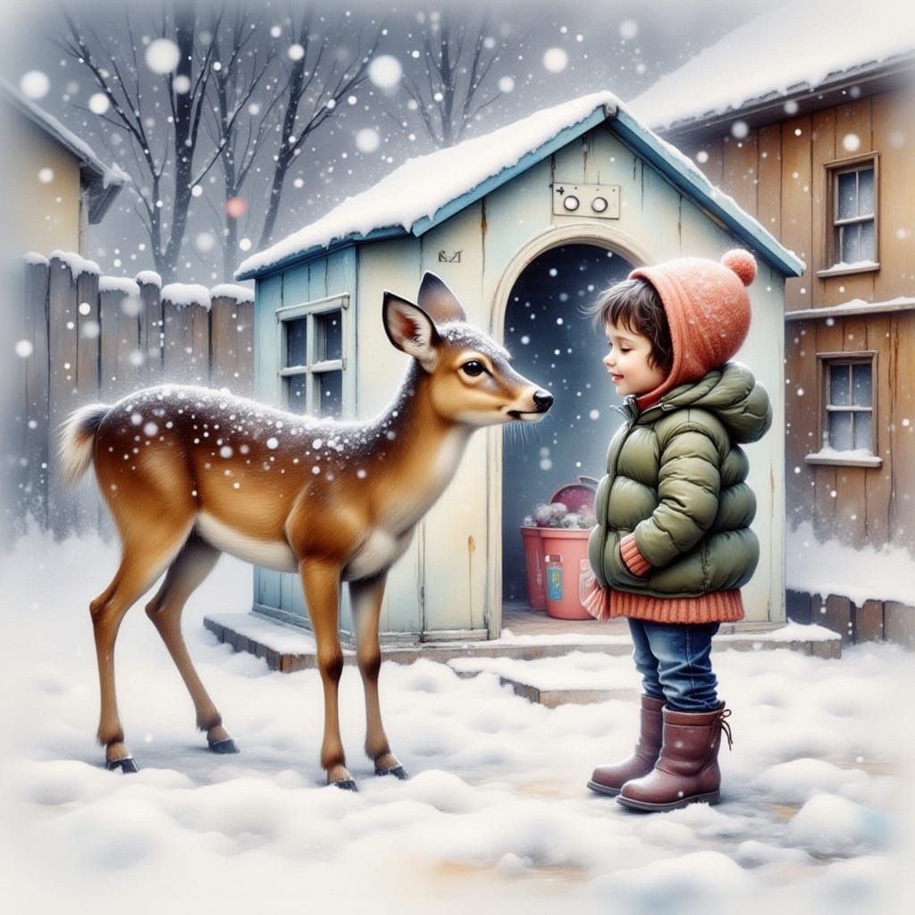 Child Meets Deer in Snowy Suburban Backyard