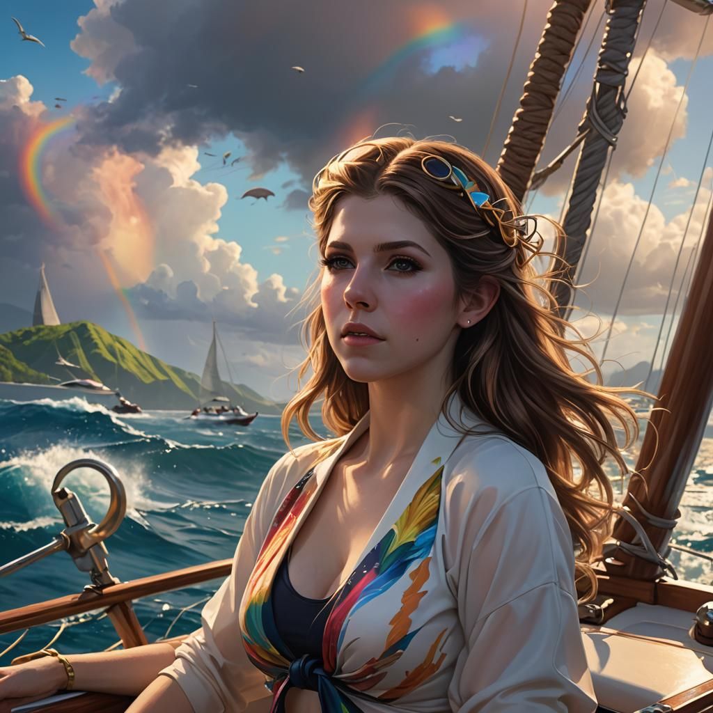 Woman Sailing in Hawaii with Rainbows: Detailed Portrait