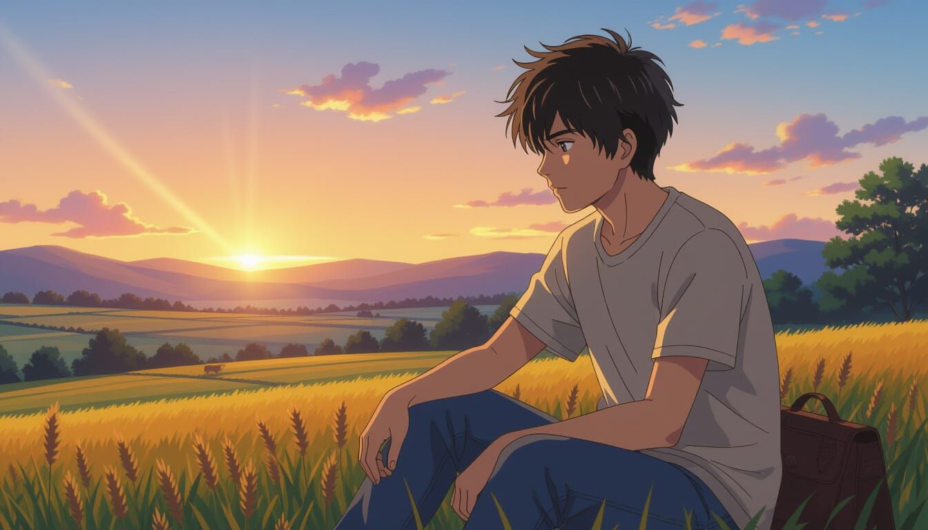 Indian Boy Watching Sunset in Anime Key Visual Style