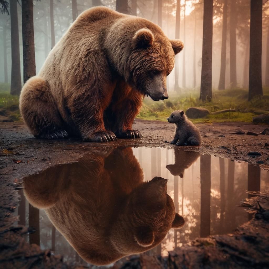 Sentimental Kodiak Bear and Cub Reflection