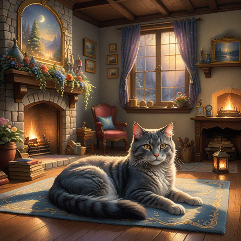 Cozy Winter Scene with Grey Cat by the Fireplace