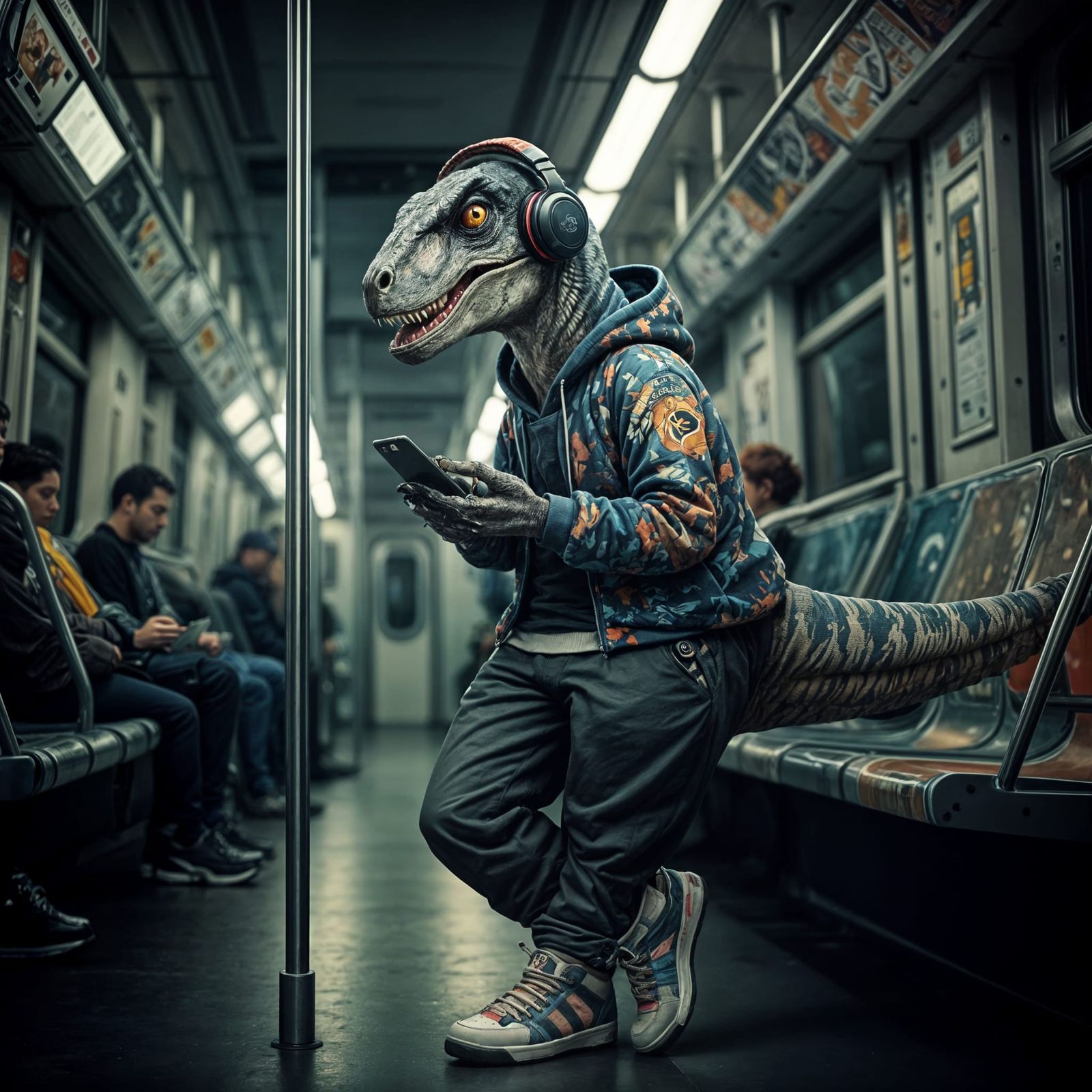 Velociraptor Rides Subway in Urban Streetwear