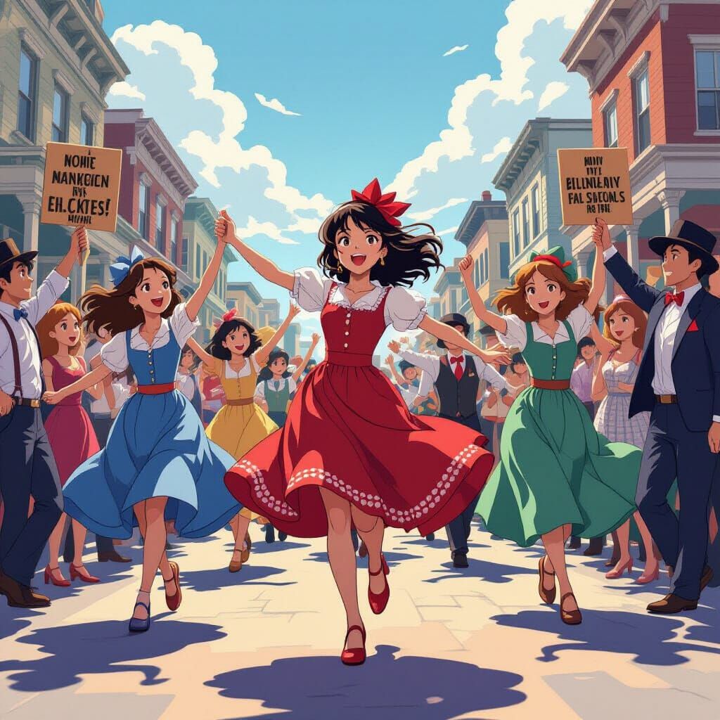 Dynamic Square Dance Protest in Anime Style
