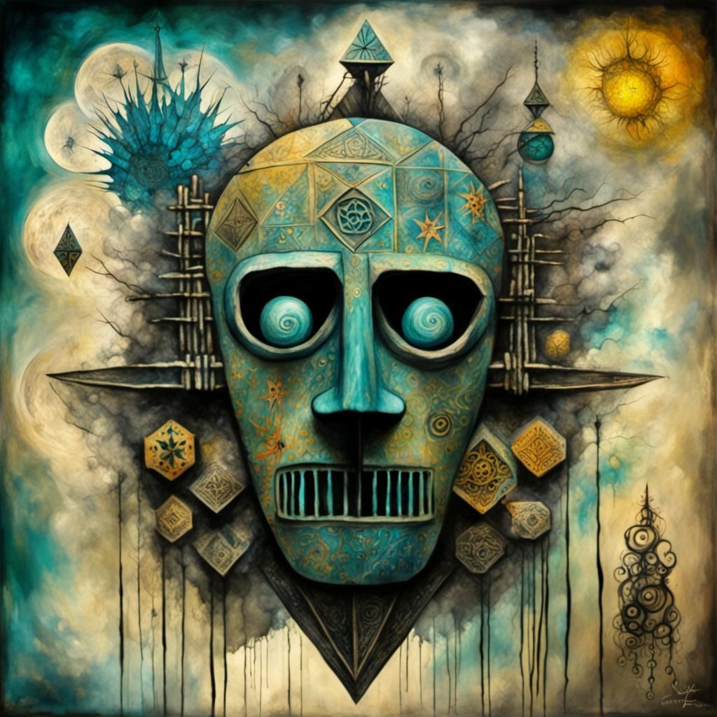 Surreal Tiki Mask with Chemtrails Futurism