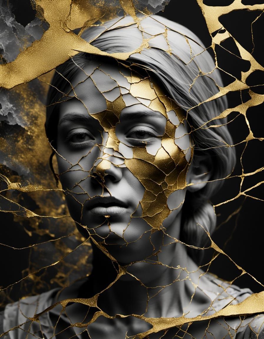 Surreal Kintsugi Portrait in Monochrome With Gold