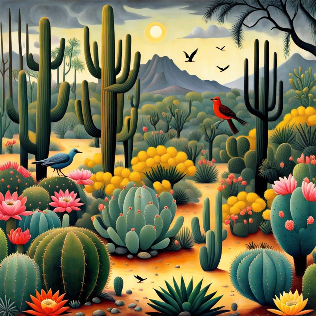 Vibrant Desert Bloom After Rain with Exotic Birds
